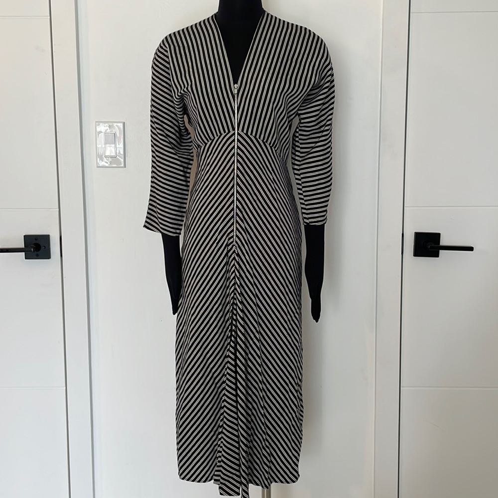 Maje Women's Black and White Stripe Rava Striped Woven Midi Dress
